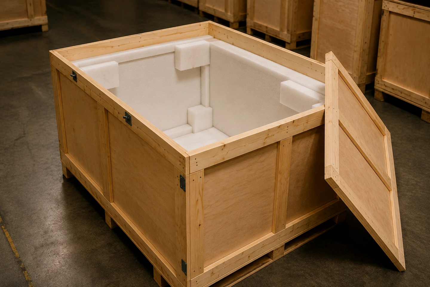 Foam-lined custom wooden crate for specialist art and fragile-item handling in Dubai